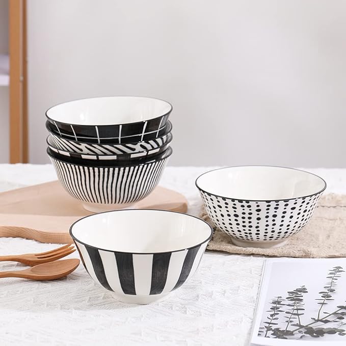 Cereal Bowl Porcelain Soup Bowls - Ceramic Bowl Set 23 oz - 6 Inch Japanese Bowls Black and White for Serving Salad | Ramen | Noodle | Pho | Oat | Oatmeal - Microwave and Dishwasher Safe - Set of 6