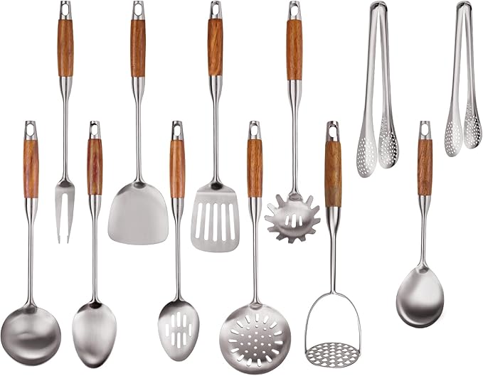304 Stainless Steel Kitchen Utensils Set with Wooden Handle,12 Pcs Long Heat Resistant Metal Cooking Utensils Set,Spatula, Ladle, Skimmer, Spaghetti Spoon,Tongs,Potato Masher