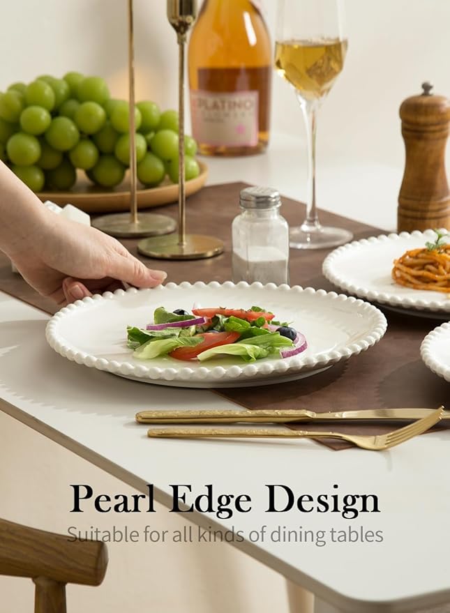 OMAYKEY 10.5" Ceramic Dinner Plates Set of 8, Catering Round Dining Plates, Large Salad Plate, White Porcelain Kitchen Plate for Pizza, Steak, Microwave and Dishwasher Safe