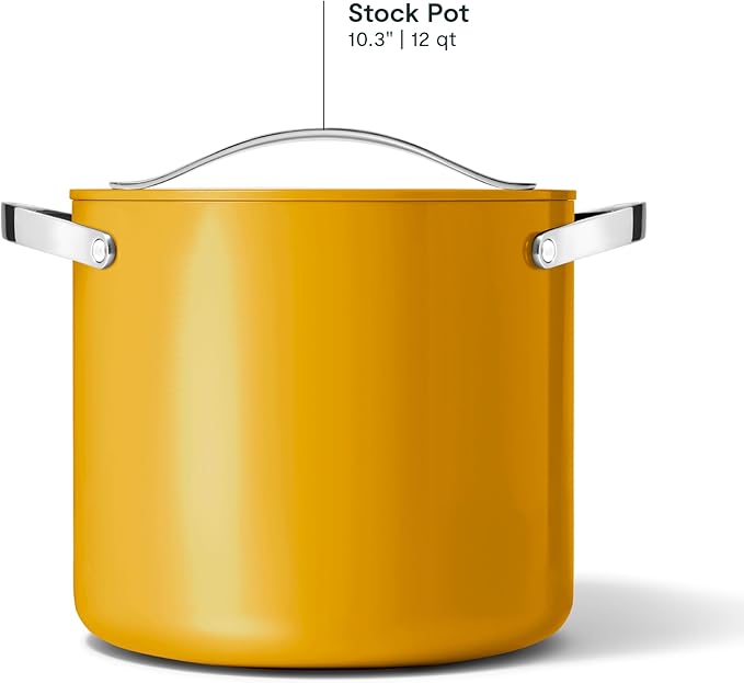 Caraway Stock Pot - 12 Qt Ceramic Coated With Lid - Free From Forever Chemicals - Large for Bigger Batches - Marigold