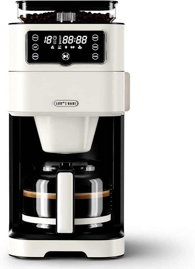 Drip Coffee Maker with Built-in Grinder, 10-Cup Coffee Machine with 24-Hour Delay Timer, Touch Screen, Self-Cleaning, Reusable Filter, 1.5L Removable Water Tank, Warming Plate, White