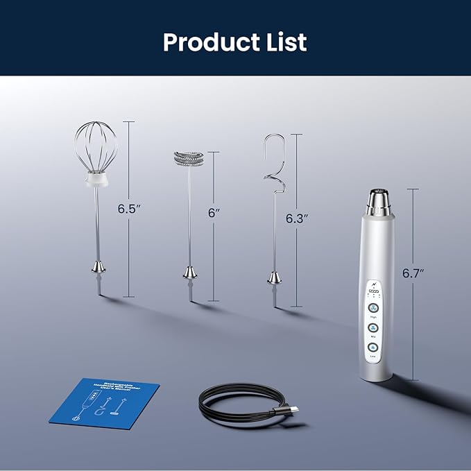 Milk Frother Rechargeable Handheld-Electric Whisk 3 Speed Adjustable, Coffee Frother Wand with 3 Stainless Whisks, Electric Foam Maker, Drink Mixer Blender for Latte Cappuccino Matcha Egg