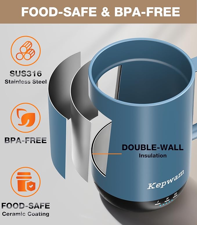 Self-Heating Coffee Mug T1-16oz, Fast Heating Rechargeable Heated Coffee Mug, Smart Mug with App & Button Control, Ideal Gift for Coffee Lovers & Hot Drink Enthusiasts