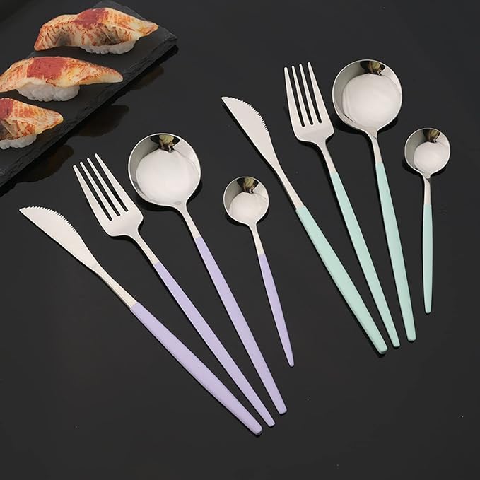 JASHII Flatware Set 24 Piece, Stainless Steel Silverware Set, Macaron Small Fresh Color Cutlery Set, Modern Elegant Tableware Set for Party, Christmas, Dinner (Purple Silver)