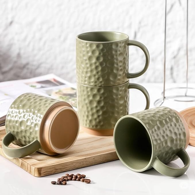 Nihow 16OZ Stackable Coffee Mug Set, Large Ceramic Coffee Mug Set of 4,Coffee Cup Set for Cappuccino/Latte/Cocoa,Dishwasher & Microwave Safe, Matte Green