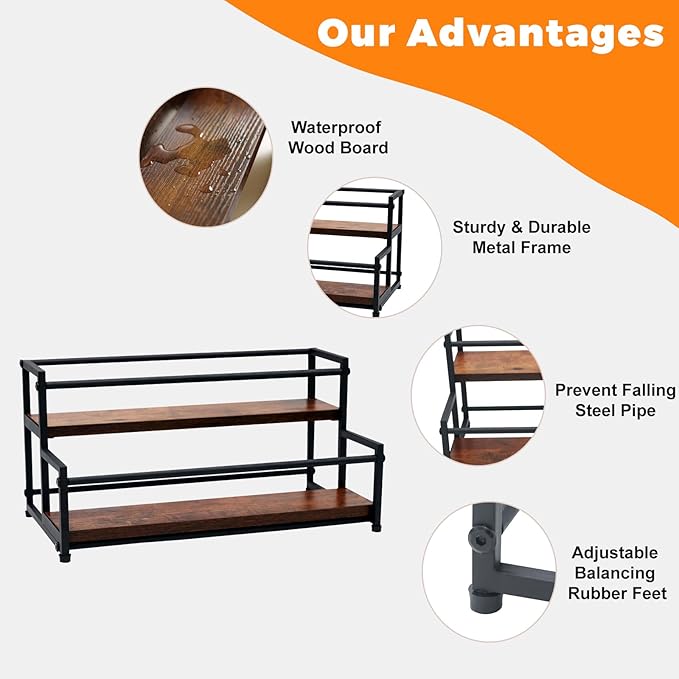 Coffee Syrup Rack Organizer - 2-Tier 10 Syrup Bottles Holder for Coffee Bar, Liquor Bottle Display Shelf - Rustic Kitchen Cabinet for Spices, Jars - Stepped Pantry Shelf for Syrup, Wine, Tea & Coffee