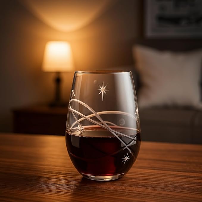 SHOSHIN Hand-Cut Space Pattern Stemless Wine Glasses 18 Oz, 4-Pack - Lead-Free Crystal, Dishwasher Safe & Artisan Engraved Design for Modern Entertaining