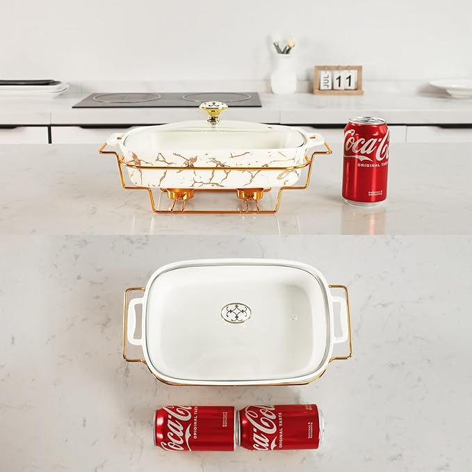 11" x 7" Ceramic Casserole Dish with Glass Lid and rack, 1.3 Quart Serving Soup Tureen,Chafing Dish for Buffet, Family Food preserve Tray, Catering Casserole for Party Style
