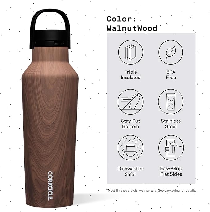 Corkcicle Sport Canteen - Keeps Drinks Cold 25 Hours - Stainless Steel Water Bottle - Triple-Insulated - Spill-Proof - Summer Drinkware Gift - Keeps Drinks Ice Cold - 20 oz - Walnut Wood