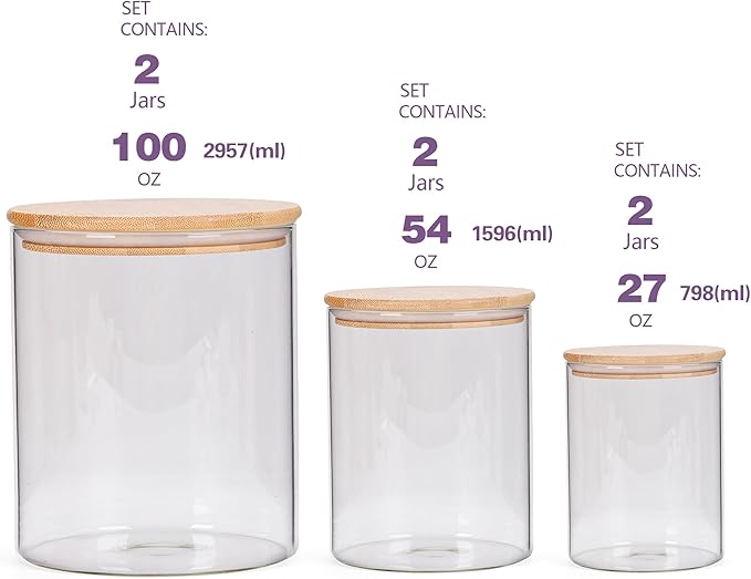 Glass Storage Containers with Lids, Glass Jars with Bamboo Lids, Large Food Storage Jar, Sugar, Pantry Storage Container for Pasta Rice Flour Oats Nuts Tea Spice (Round 27oz*2+54oz*2+100oz*2)