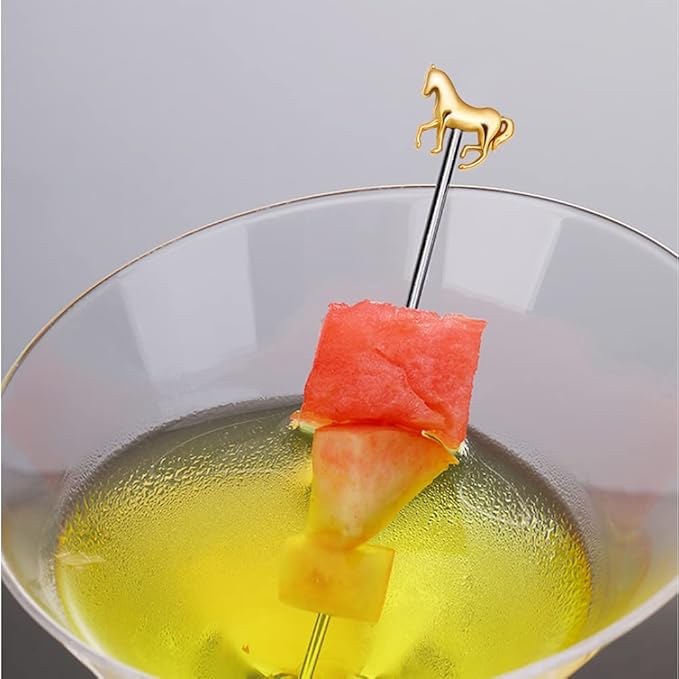 RRRuo Horse Cocktail Reusable Picks Martini Picks Fruit Toothpicks for Appetizers Olives Brandied Cherries Skewers 8 pieces (Gold)