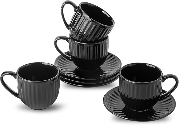 Hasense Ceramic Cappuccino Cups and Saucers - 8 Oz, Large Ribbed Coffee Mugs Set of 4 for Coffee,Tea,Latte and Macchiato, Demitasse Cups Set Aesthetic Gifty, Black