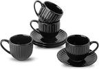 Hasense Ceramic Cappuccino Cups and Saucers - 8 Oz, Large Ribbed Coffee Mugs Set of 4 for Coffee,Tea,Latte and Macchiato, Demitasse Cups Set Aesthetic Gifty, Black