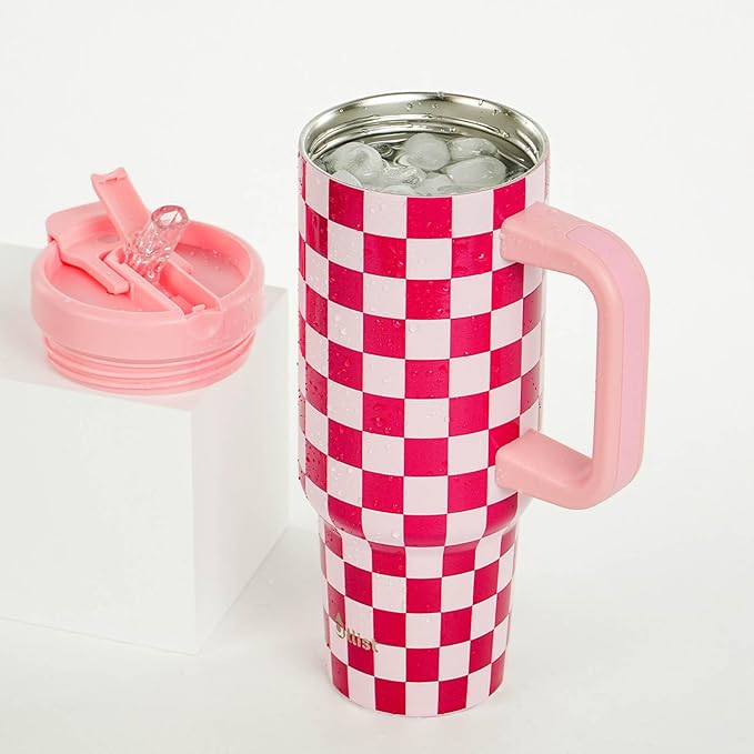 ProTour 100% Leakproof 40 oz Tumbler with Handle & 4-in-1 SipSwig Lid | Built-In Flip Straw & External Stainless Steel Straw | Insulated Stainless Steel Cup | BPA-Free | Pink Checkered