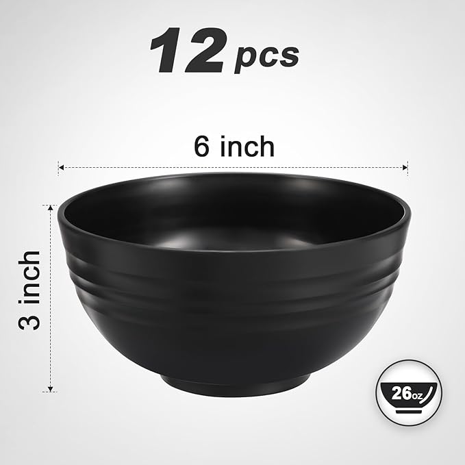 12 Pcs Unbreakable Cereal Bowls Set, 26 Oz Wheat Straw Bowls Set, Microwave & Dishwasher Safe Bowls for Kitchen, Reusable Plastic Bowls for Soup, Salad and Snack, BPA Free, Black