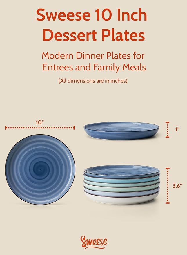 Sweese Dinner Plates, 10 Inch Round Porcelain Plates, Dish Set for Lunch, Party, Wedding, Restaurant, Microwave, Oven, Dishwasher Safe Plates Set of 6, Cool Assorted Colors