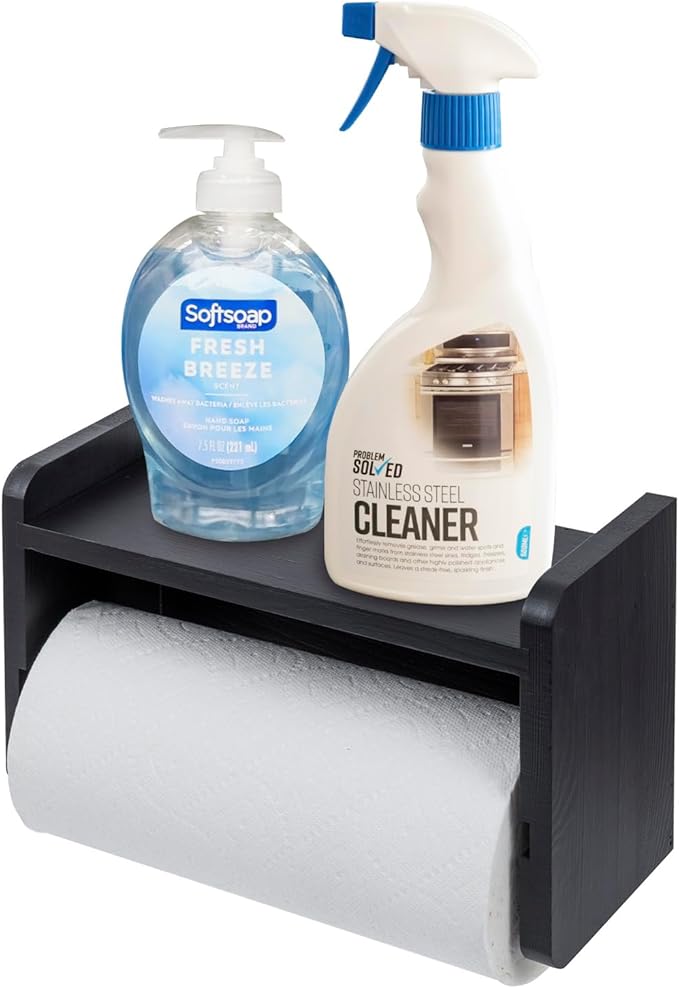 MyGift Modern Coal Black Solid Wood Wall Mounted Paper Towel Roll Holder and Top Shelf, Hanging Kitchen Disposable Napkin Dispenser with Spice Storage Rack