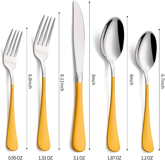 20-Pieces Yellow Silverware Sets for 4,Yellow Handle Stainless Steel Cutlery Set, Include Forks Spoons and Knives Set, Dishwasher Safe Utensil Sets for Home Restaurant