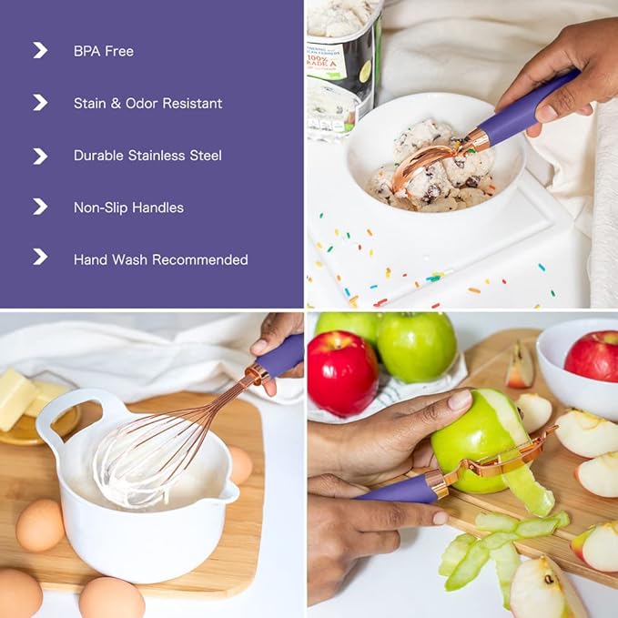 COOK WITH COLOR Kitchen Gadget Set Copper Plated Stainless Steel Utensils with Soft Touch Handles, Copper Lavender, 7 Pieces