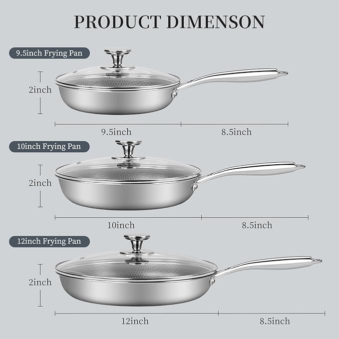 Innerwell 6 Piece Stainless Steel Frying Pan Set with Lids Cookware Set Nonstick Honeycomb Frying Pan Set 3pcs W/Stay Cool Handle Skillet Works Pan for Cooking with Induction Gas Stovetops