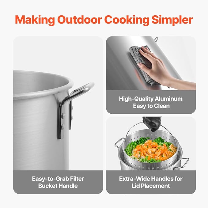 VEVOR 80 Qt Seafood Boiling Kit with Strainer, Outdoor Seafood Boil Pot and Basket, Cooking Set for Crab Crawfish Lobster Boiling, Aluminum Stockpot with 100,000 BTUs Propane Burner and Steamer Rack