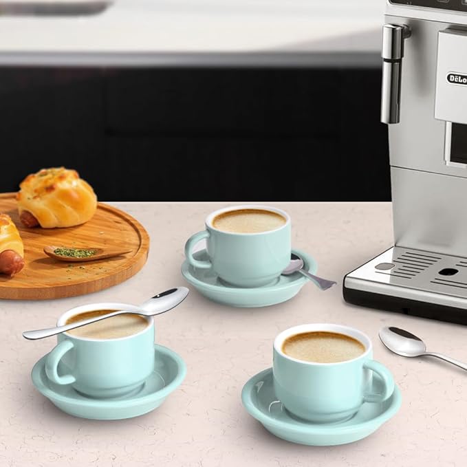 homEdge Premium Espresso Shot Cups and Saucers Set with Espresso Stainless Steel Spoons - 2.5 oz, Set of 4, Mint Green