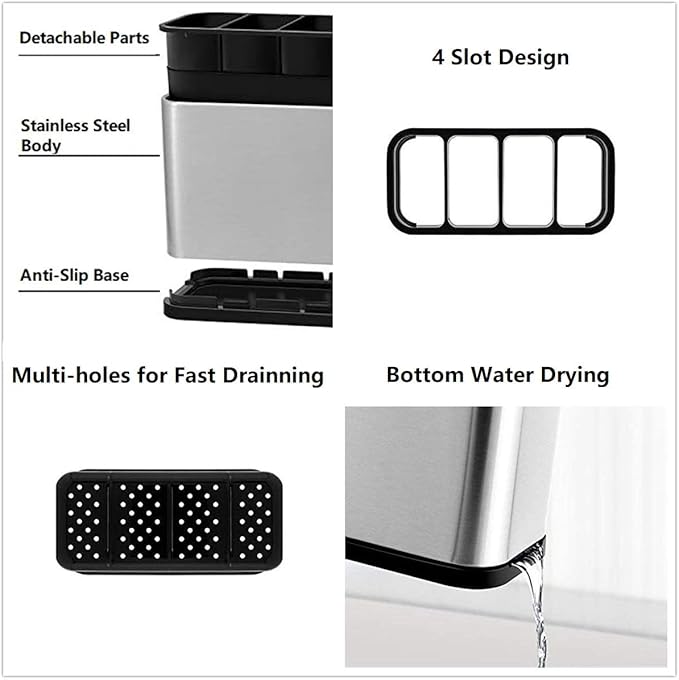 KESOL Kitchen Utensil Holder, Stainless Steel Utensil Drying Rack Flatware Holder Sinkware Caddy Countertop Organizer with 4 Divided Compartments, Rust Proof