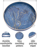 MAONAME 13" Round Decorative Tray, Marbling Plastic Tray with Handles, Coffee Table Trays for Ottoman, Kitchen, Bathroom, Blue