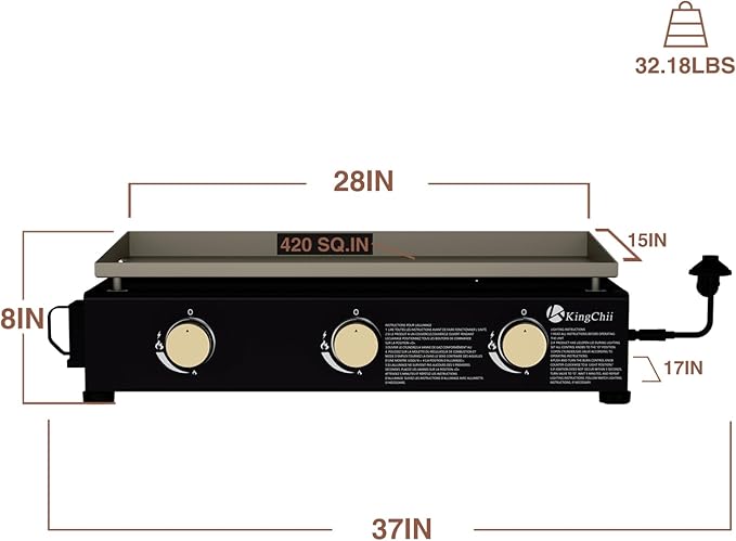 KingChii 28" Tabletop 3-Burner Griddle Portable Gas Grill with Rear Grease Trap, Powder Coated Steel, Black