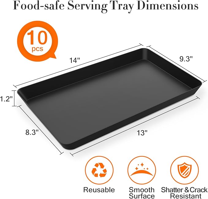 WOWBOX 10 pcs Serving Tray for Entertaining, Serving Platters for Snacks, Fruit, Cookies, Dessert, Reusable Plastic Trays for Serving Food and Pantry Organization in Kitchen & for Parties, (Black)
