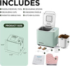 Neretva Bread Maker, 20-in-1 2LB Bread Machine Dual Heater & Nonstick Ceramic Pan Bread Makers Machine All Metal Compact for Gluten Free/Dough Maker/Meat Floss/Jam/Yogurt/Breadmaker Recipe-Light Green