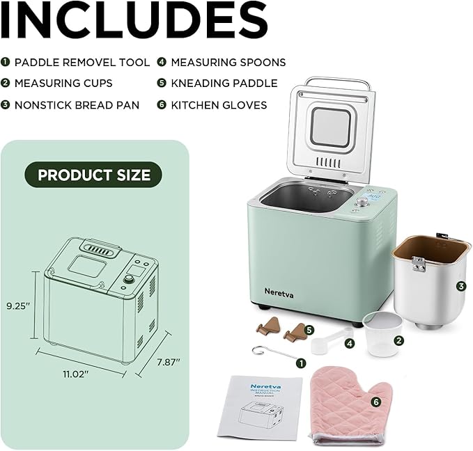 Neretva Bread Maker, 20-in-1 2LB Bread Machine Dual Heater & Nonstick Ceramic Pan Bread Makers Machine All Metal Compact for Gluten Free/Dough Maker/Meat Floss/Jam/Yogurt/Breadmaker Recipe-Light Green