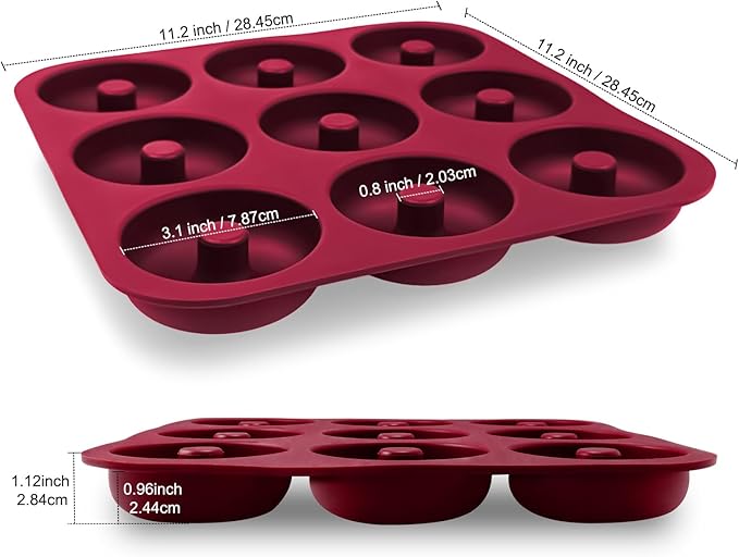 Large Silicone Donut Pan for Baking, 9 Cavity Non-Stick Food Grade Silicone Donut Molds, Doughnut Pan and Bagel Pans for Baking & Kitchen, BPA Free 11.2 x 11.1 Inches, Dishwasher Safe - Red