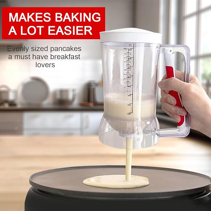 Pancake Batter Dispenser with Squeeze Handle for Precise Portion Control, Clear Measuring 4 Cup Batter Separator for Cookie Cake Waffles Muffin with 4 Egg Ring Molds