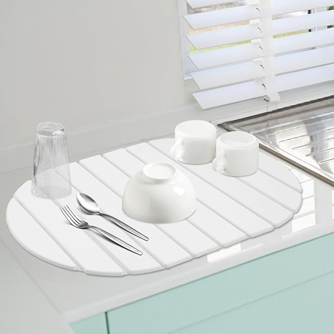 Large Stone Drying Mat, Diatomite Dish Drying Mat, Dish Mat Drying Kitchen Mat - Storable & Anti-Slip for Kitchen, Oval, White, 24"x16"