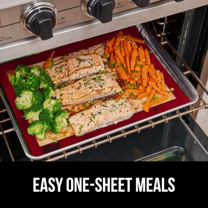 GORILLA GRIP Reusable Nonstick Silicone Baking Mat, 2 Pack, BPA-Free Oven Safe Food Liner, For Cookie Sheets, Toaster Ovens, Easy Clean Pastry Mats, Kitchen Essential, 11.75x8.25, Quarter Sheet, Red