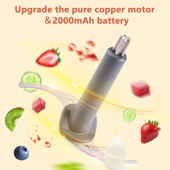 Kawu Cordless Food Processor, Electric Portable Food Chopper with 2 Bowls | 2 Cups+3x 0.4 Cup | 2 Stainless Steel Blades, USB Rechargeable Meat Grinder & Vegetable Chopper for Kitchen, Home