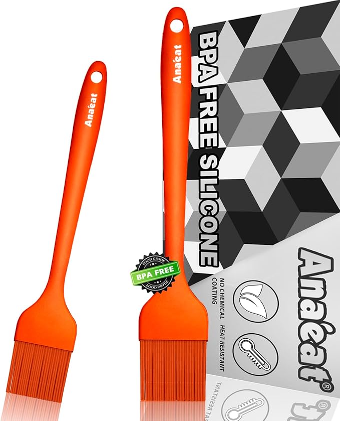 Anaeat Silicone Basting Pastry Brush- 2 Pack Heat Resistant Brushes with Soft Bristles, Hygienic Seamless Design, Marinade Brush Great in Baking for Spreading Oil Butter Sauce BBQ Grill (Orange)