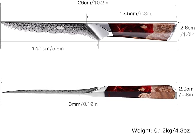 FINDKING Nebula Series Boning Knife, Versatile Deboning Knife, 10Cr15CoMov Damascus Steel Blade, Resin and Figured Sycamore Handle, Full Tang, 5.5 Inch, Red, for Skinning, Removing Fat, Filleting