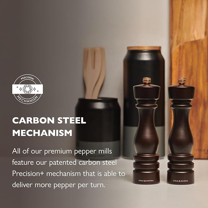 Cole & Mason London Refillable Spice Mill - Kitchen & Home Accessory - Table Black Pepper Grinder - Pepper Mill with Carbon Steel Mechanism - 8", Chocolate Wood
