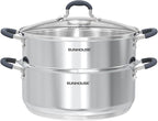 SUNHOUSE - 5.5 Quart Steamer Pots With Lid 2-Tier Multipurpose Stainless Steel Steaming Pot Cookware With Handle For Vegetable, Dumpling, Sauce, Food - Triple Bottom, Measurement Line