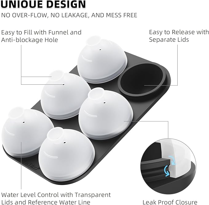 Whiskey Ice Ball Mold, 2 Pack Silicone Maker With Individual Cover - Easy Fill and Release Round Sphere Mold for Cocktails Bourbon - 1.8 Inch 12 Balls