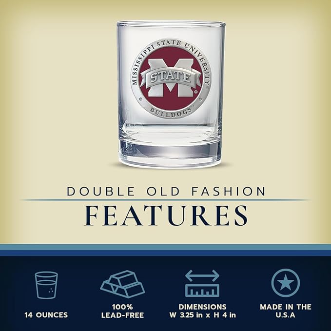 Heritage Pewter Mississippi State University Bulldogs Double Old Fashion | Double Rocks Glass 14 OZ for Liquor | Expertly Crafted Pewter Glass