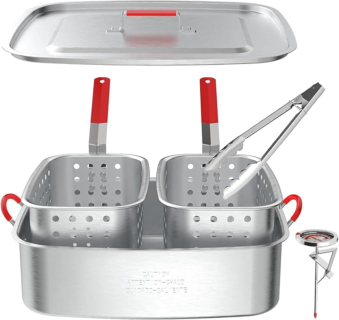 Deep Fryer Pot 18QT | Fish Fryer Pot with 2*9QT Baskets | Heat-Resistant Silicone Handles | Lid & Fryer Tong & Thermometer | Outdoor Fryer Pot for Frying Fish, French Fries, Chicken Wings | Aluminum