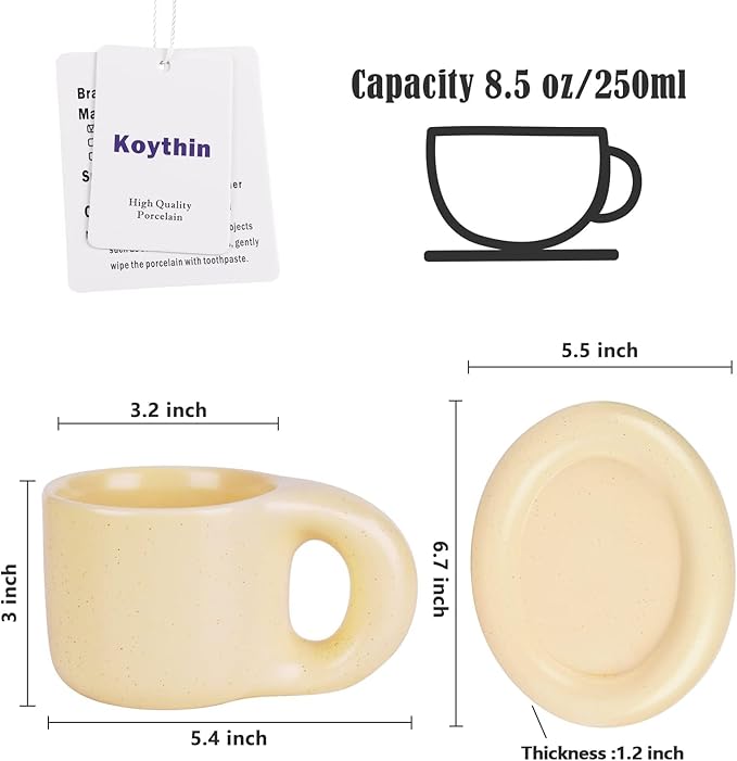 Koythin Ceramic Coffee Chubby Mug Saucer Set, Creative Cute Fat Handle Cup with Saucer for Office and Home, Dishwasher and Microwave Safe, 10 oz for Latte Tea Milk (Milky Apricot)