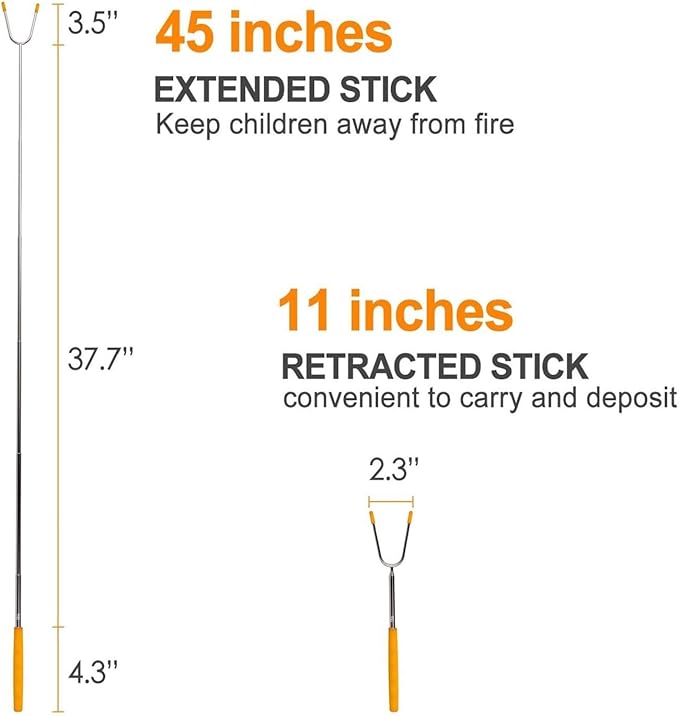 bbqstyle Marshmallow Roasting Sticks, Set of 8 Pack Premium 45'' Extendable Rotating Telescoping Forks for Hot Dog & Smores, Special Safe and Healthy Cookware for Campfire, Camping & Bonfire