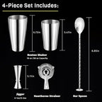 Boston Cocktail Shaker Set, 4-Piece Bar Tools Set, Professional Bar Set with Boston Shaker, Bar Spoon, Jigger, Hawthorne Strainer, Stainless Steel, Dishwasher Safe, Ideal Bartender Kit for Bar