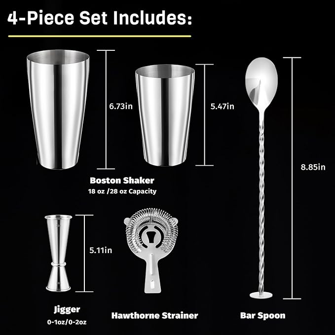 Boston Cocktail Shaker Set, 4-Piece Bar Tools Set, Professional Bar Set with Boston Shaker, Bar Spoon, Jigger, Hawthorne Strainer, Stainless Steel, Dishwasher Safe, Ideal Bartender Kit for Bar