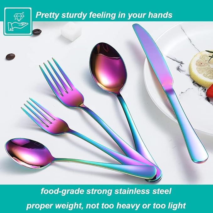 50 Pcs Rainbow Silverware Set for 10, Food Grade Stainless Steel Flatware Set, Eating Utensils Sets Include Fork/Knife/Spoon,Home Kitchen Tableware Set, Reusable Cutlery Set, Dishwasher Safe