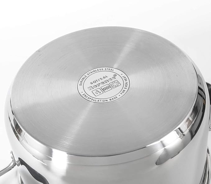 Rorence Stainless Steel Stock Pot with Lid: 6 Quart Stockpot Pasta Pot with Two Side Spouts, capsule Bottom, Strainer Glass Lid